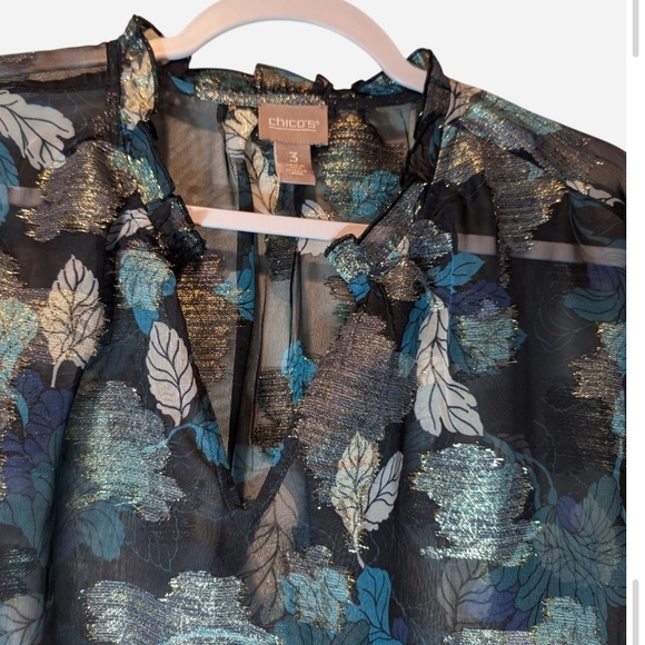 Pre-owned Chico's Black and Blue Leaf Print Blouse - Picture 4 of 10